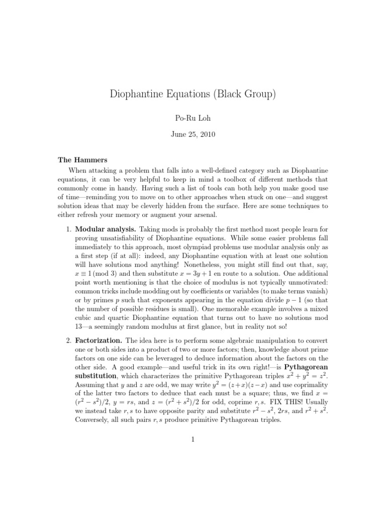 Diophantine Techniques by Po-Ru Loh | PDF | Equations | Mathematical ...