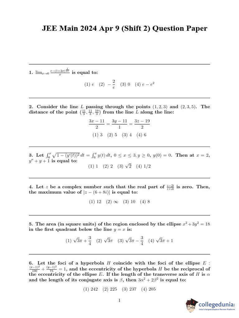 JEE Main 2024 Apr 9 Shift 2 Question Paper | PDF | Chemistry