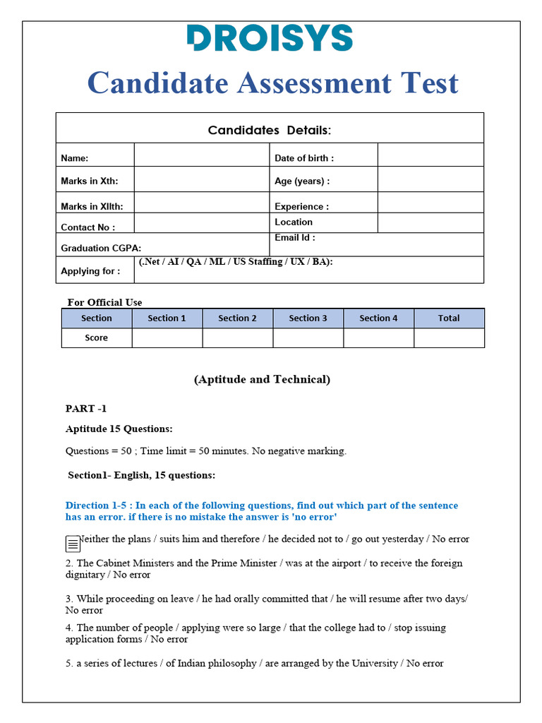 Candidate Assessment Test Overview | PDF | Internet Information ...