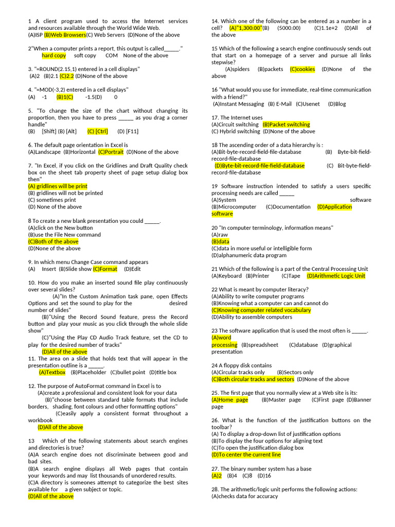 Computer Basics Quiz Questions | PDF | Microsoft Word | Microsoft Excel
