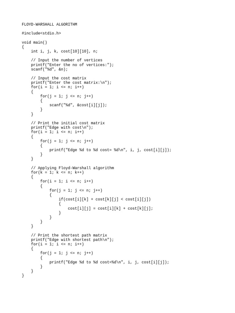 Floyd-Warshall Algorithm in C Code | PDF | Algorithms | Theoretical ...