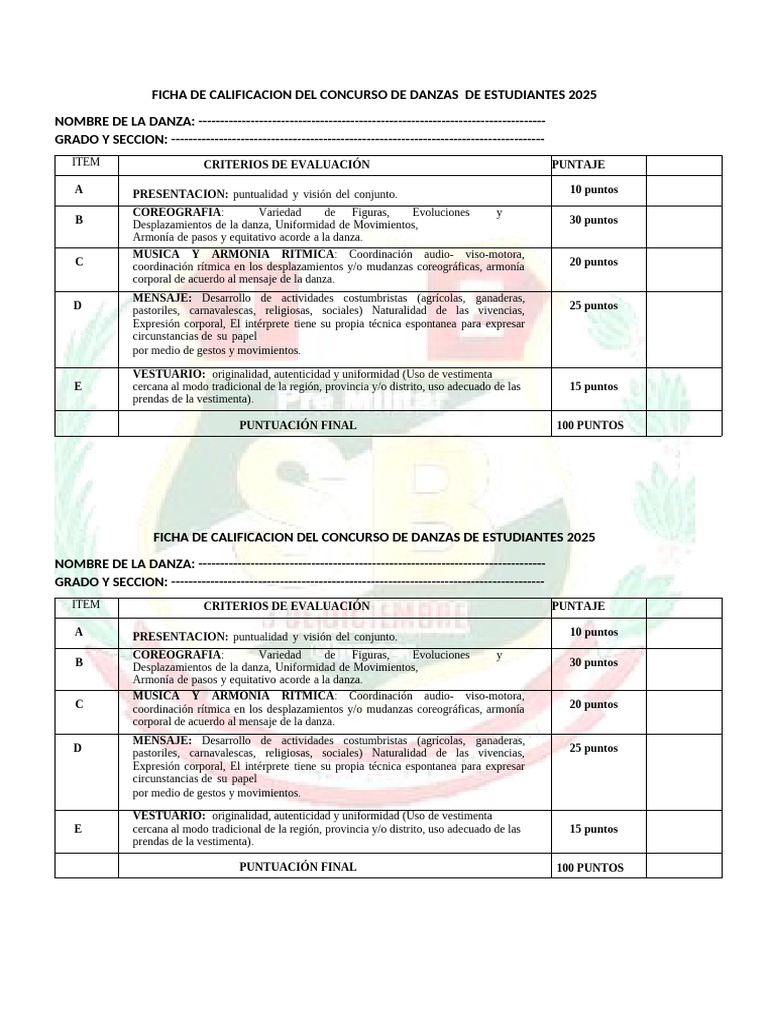 Ficha de Calificación Concurso Danzas 2025 | PDF | Bailes | Armonía