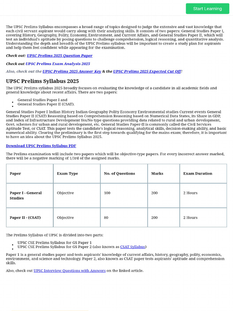 UPSC Prelims Syllabus 2025 - IAS Prelims Syllabus For Paper 1 & 2 | PDF