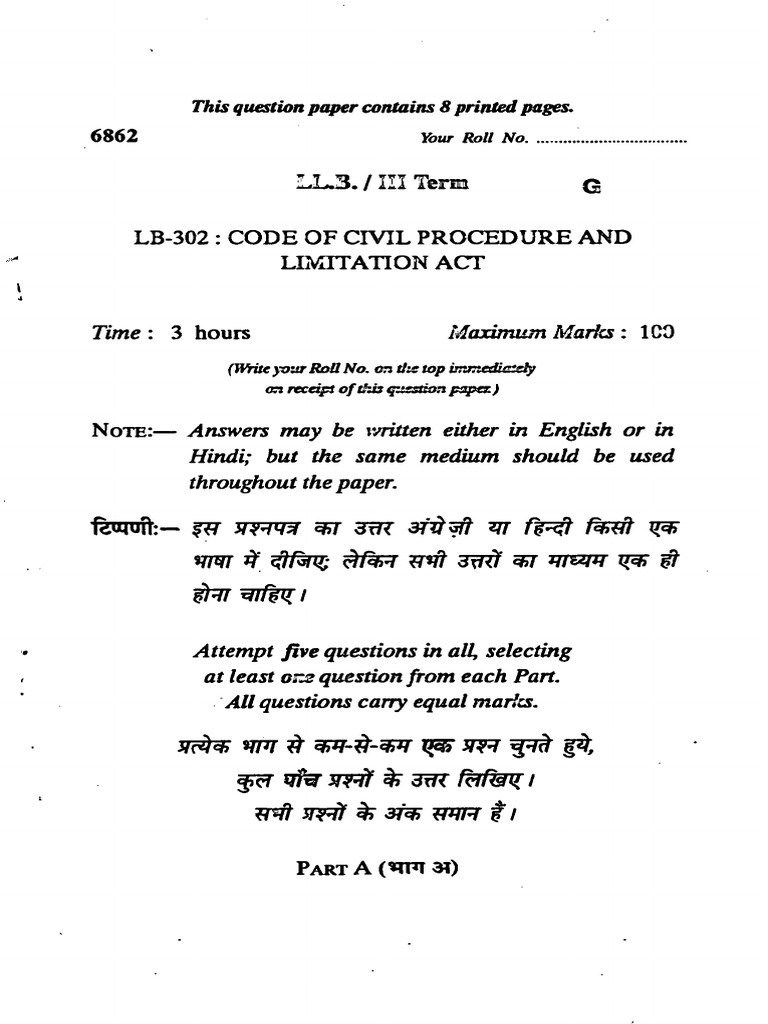 Ll.b. III - Lb-302 Code of Civil Procedure and Limitation Act-6862 | PDF