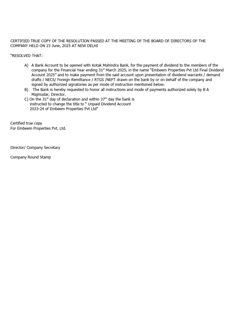 2B Format of Board Resolution For Div A-C | PDF