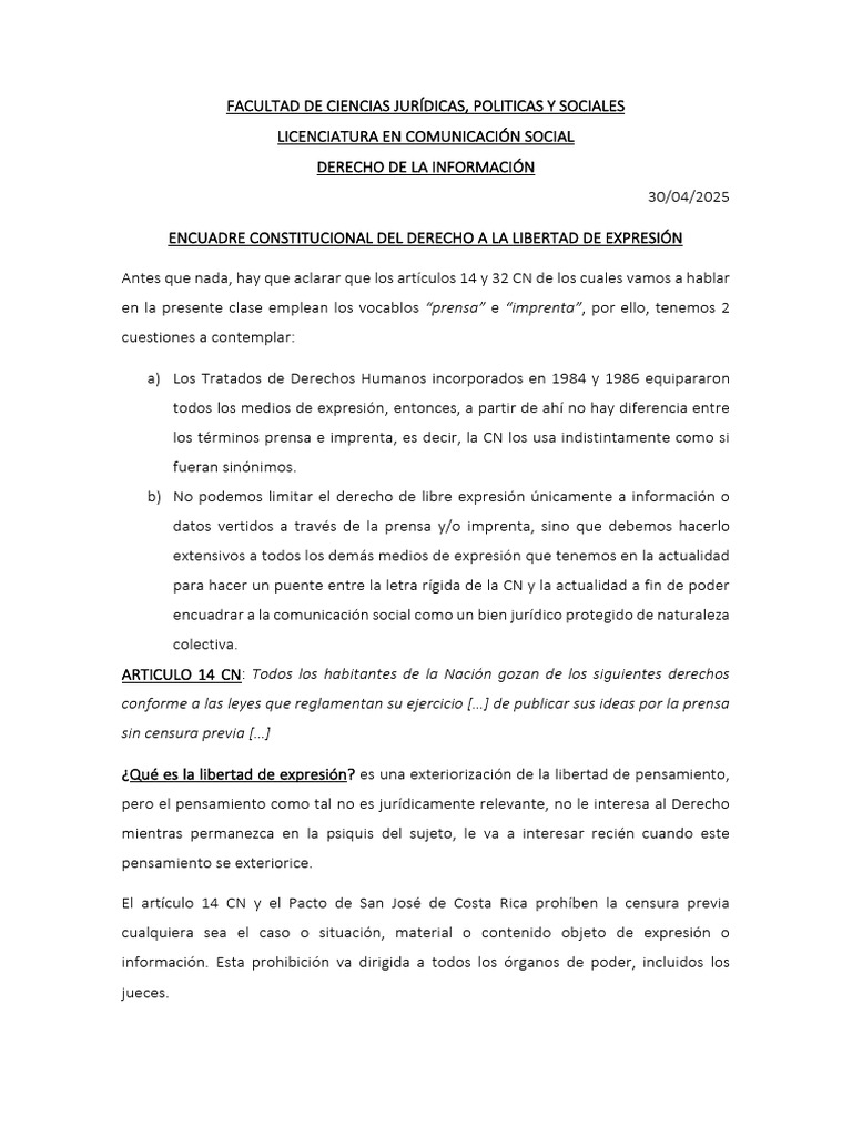 Encuadre Constitucional Del Derecho de Libertad de Expresion | PDF ...
