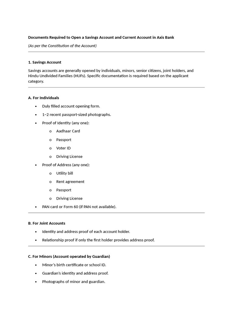 Axis Bank Account Opening Documents | PDF | Identity Document | Limited ...
