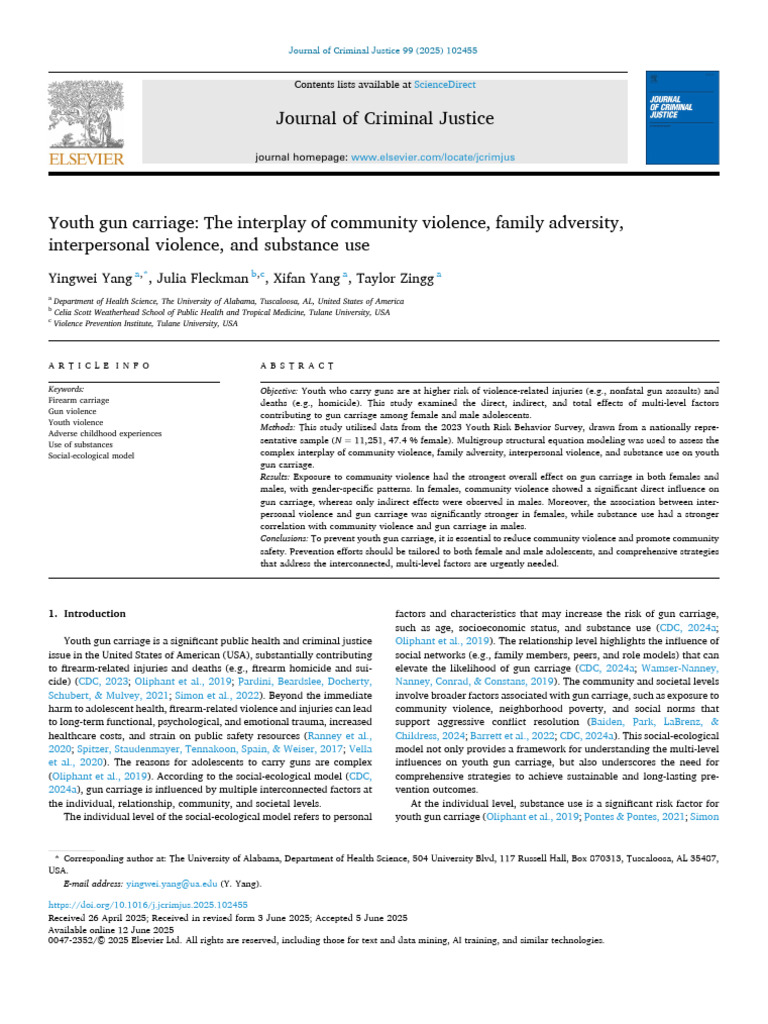 Youth Gun Carriage The Interplay of Community Violence 2025 Journal of ...