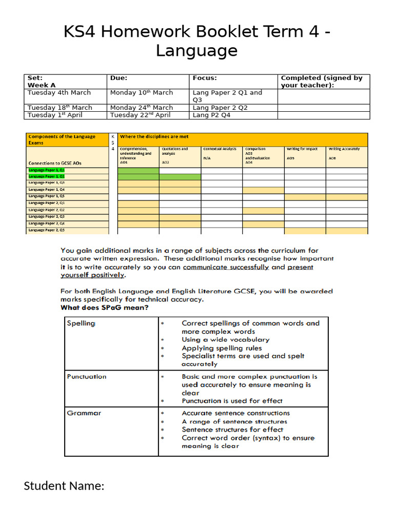KS4 Homework Booklet Term 4 - Language | PDF | Cats | Animals And Humans