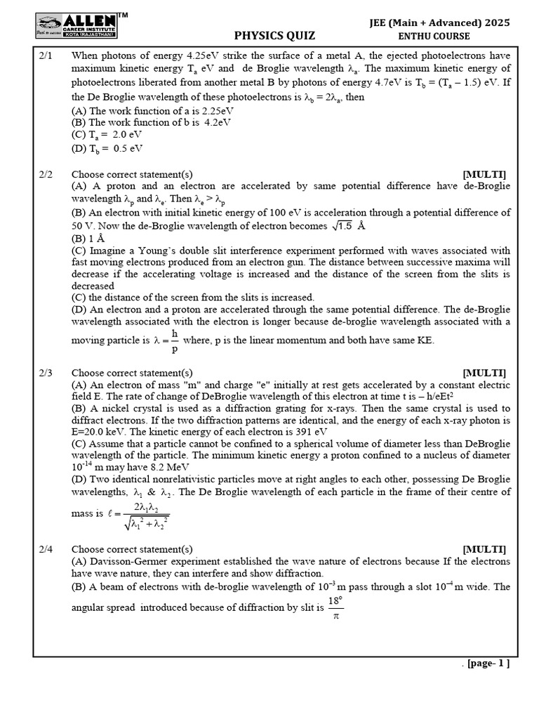 JEE 2025 Physics Quiz Questions | PDF | Electronvolt | Electron