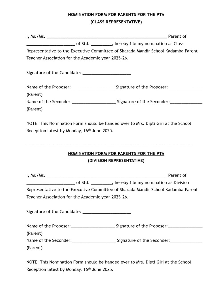Nomination Form For Parents For The Pta (Class Representative) | PDF