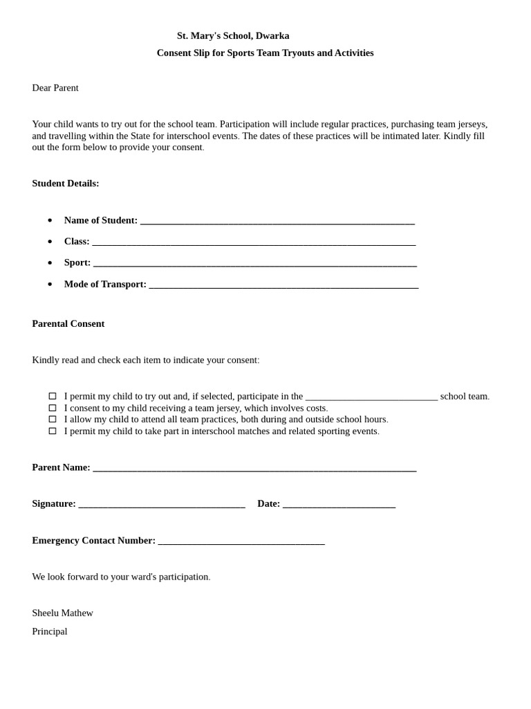 Sports Team Consent Form | PDF