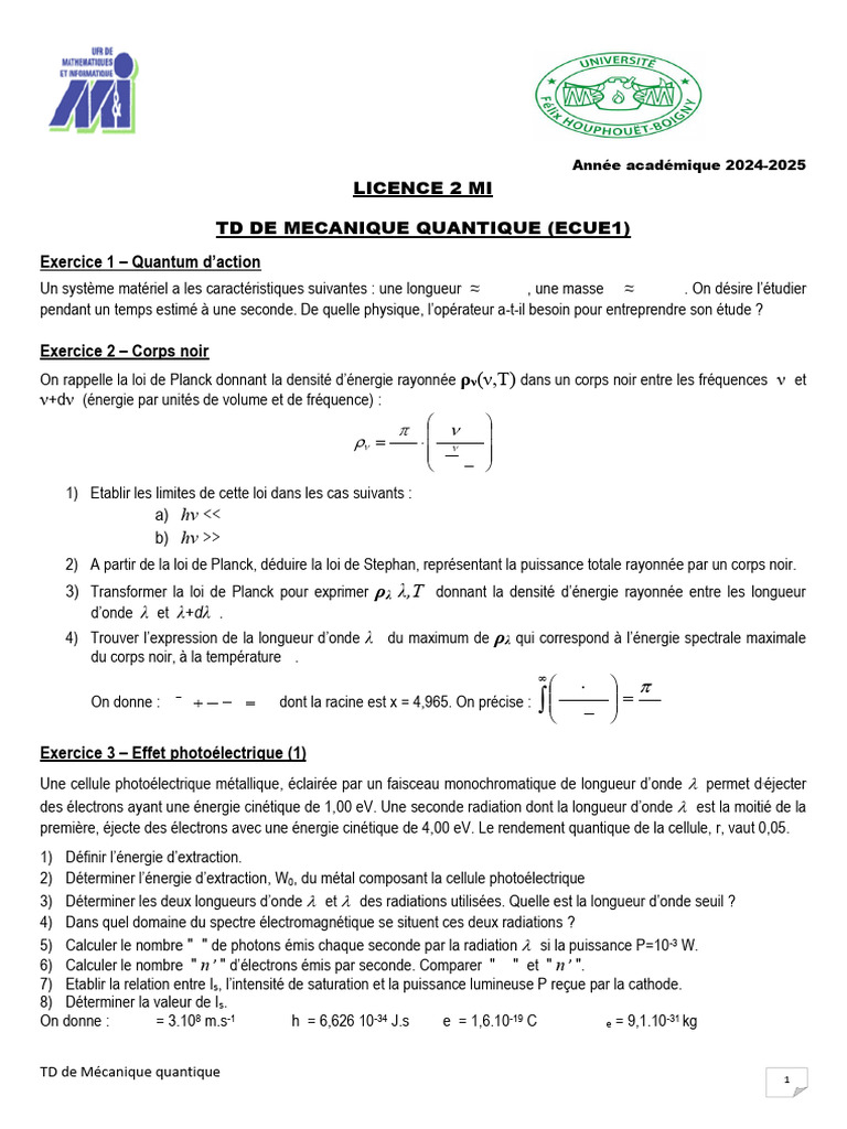 TD de Mécanique Quantique : Exercices et Concepts | PDF | Photon ...