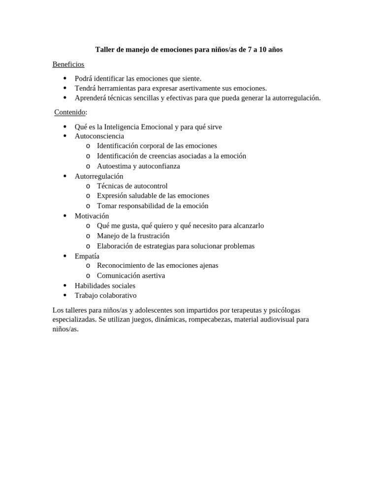 Taller de Manejo de Emociones para Niños | PDF