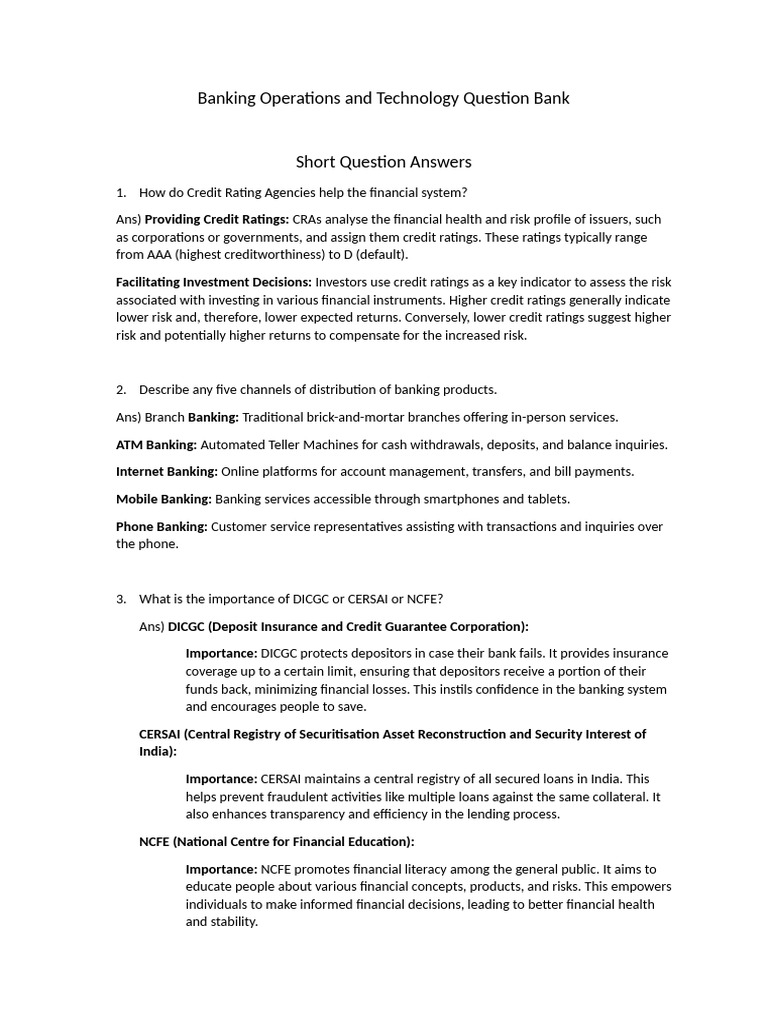 Banking Operations and Technology Question Bank | PDF | Reserve Bank Of ...