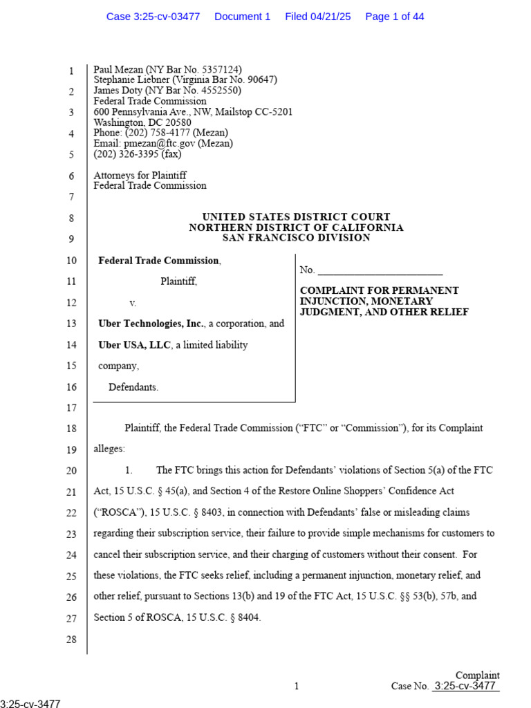 Federal Trade Commission v Uber Complaint | PDF | Federal Trade ...