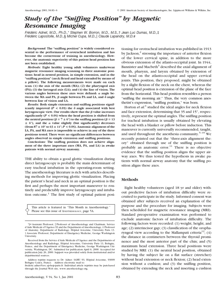 Sniffing Position: MRI Study Findings | PDF | Anatomical Terms Of ...