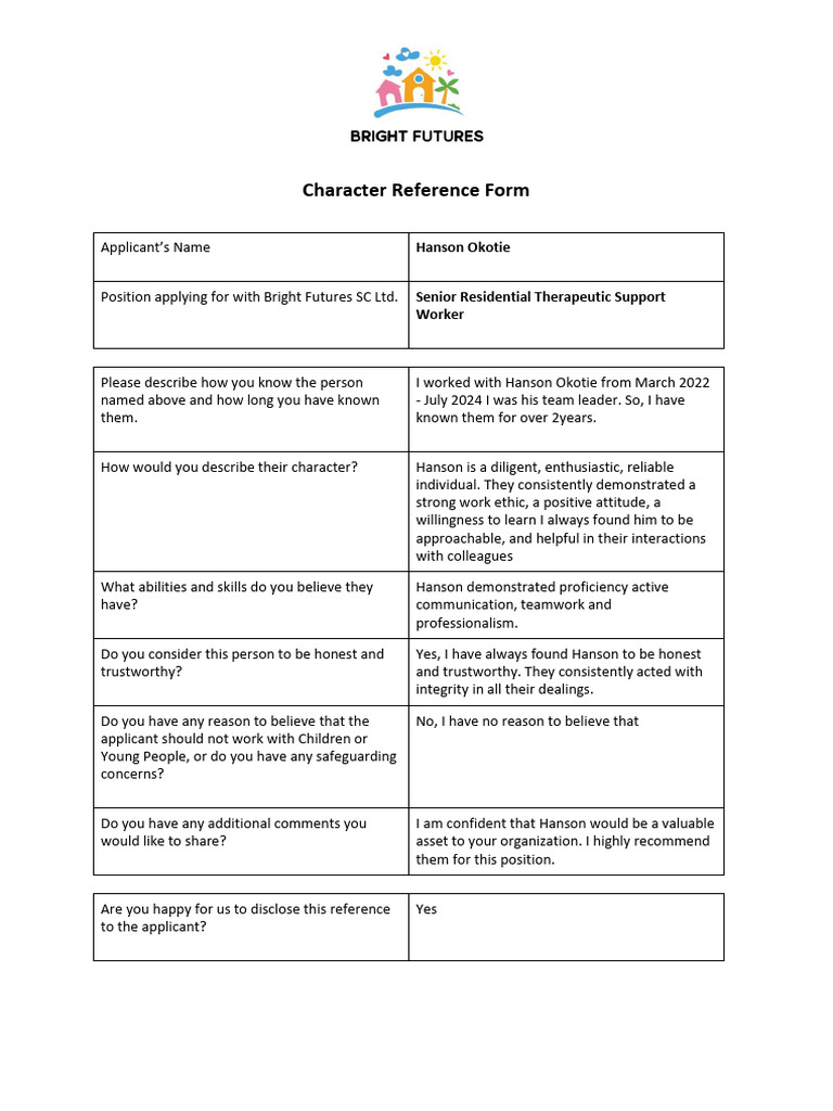 Character Reference for Hanson Okotie | PDF