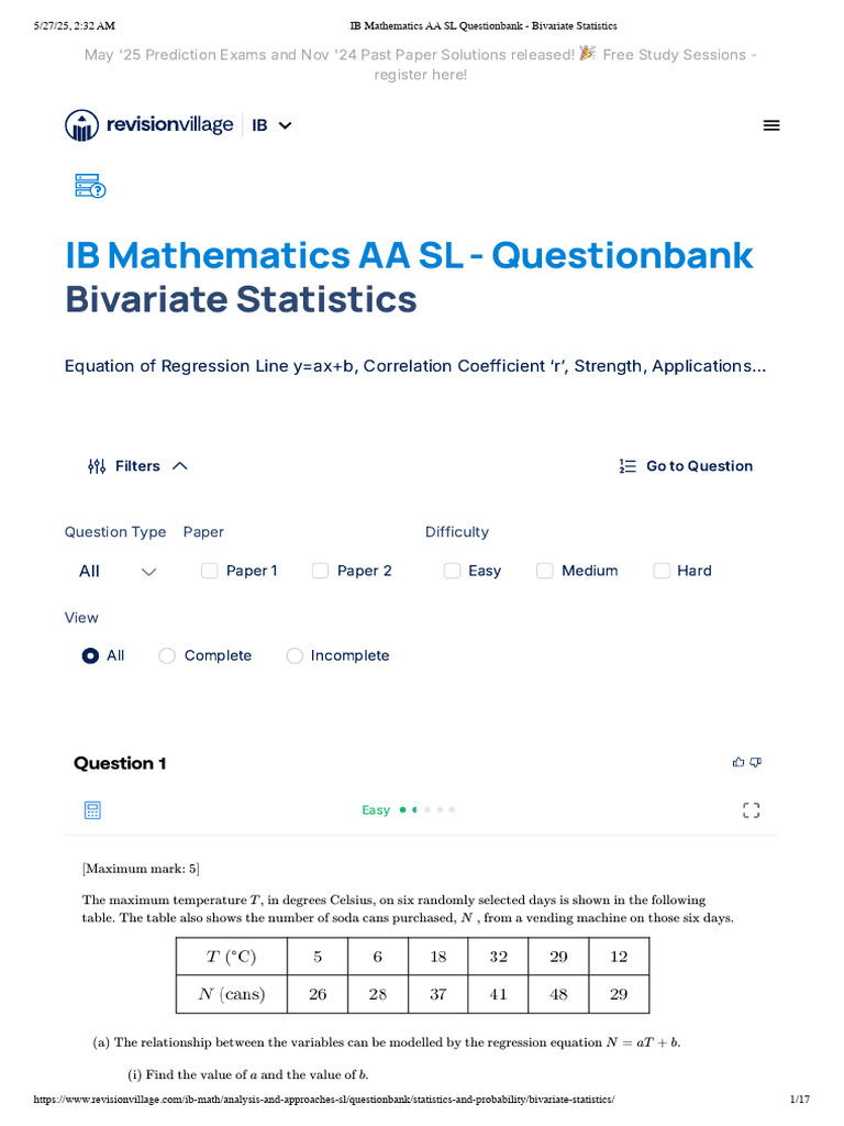 Bivariate Statistics in IB Math AA SL | PDF | Regression Analysis ...