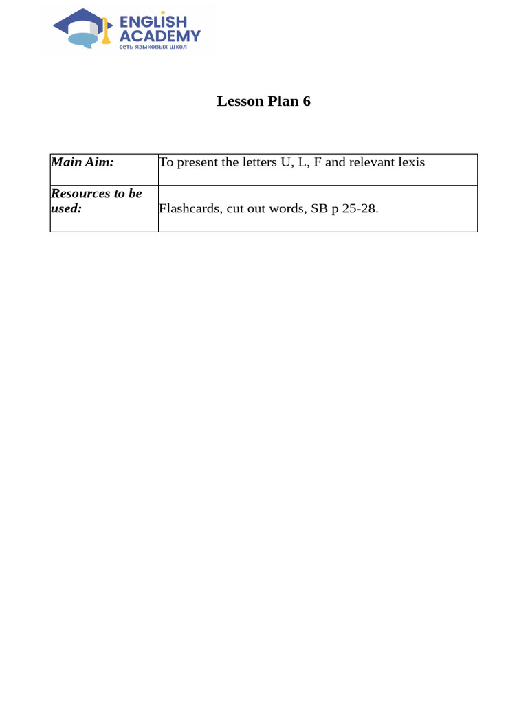 Lesson Plan for Teaching U, L, F Letters | PDF
