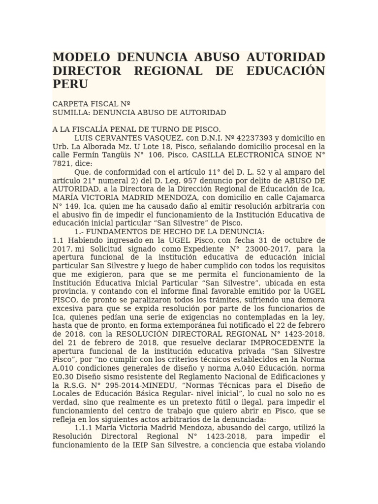 Modelo Denuncia Abuso Autoridad Director Regional De Educaci n Peru 