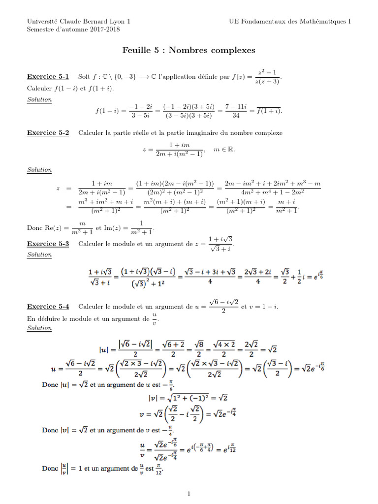 Exercices corrigés sur les nombres complexes | PDF | Nombre complexe ...