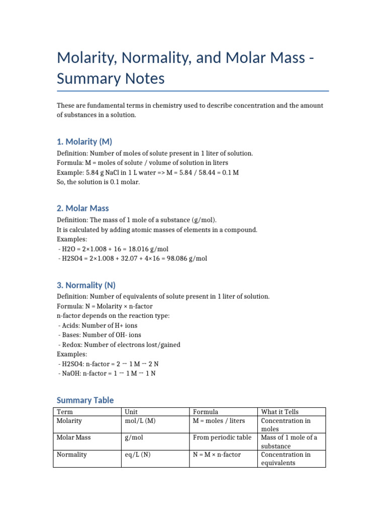 Molarity Normality MolarMass Notes | PDF