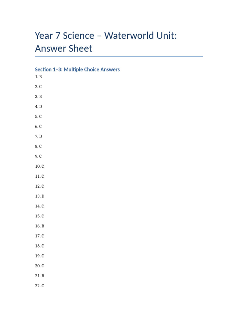 Year7 Science Waterworld Answer Sheet | PDF