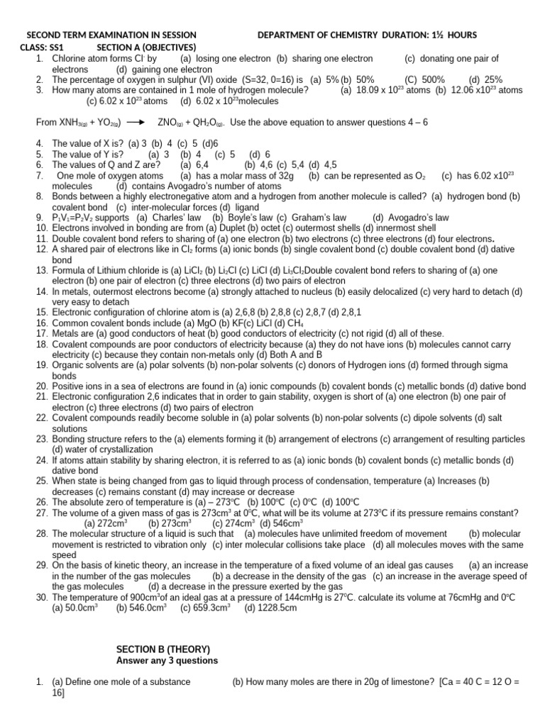 SS1 Chemistry Exam Questions | PDF | Reaction Rate | Chemical Bond
