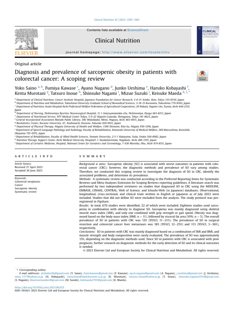 Diagnosis and Prevalence of Sarcopenic Obesity in | PDF | Colorectal ...