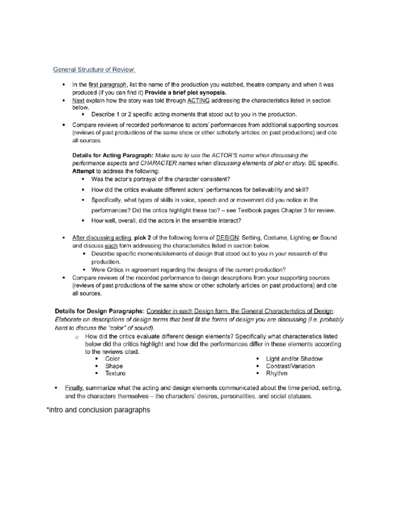 Theatre Production Critique Instructions | PDF
