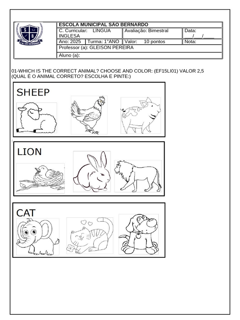 Avaliação Bimestral de Inglês 1º Ano | PDF