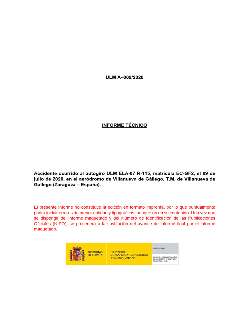 Ulm A 009 2020 Informe Final NM | PDF | Quitarse | Aeronave