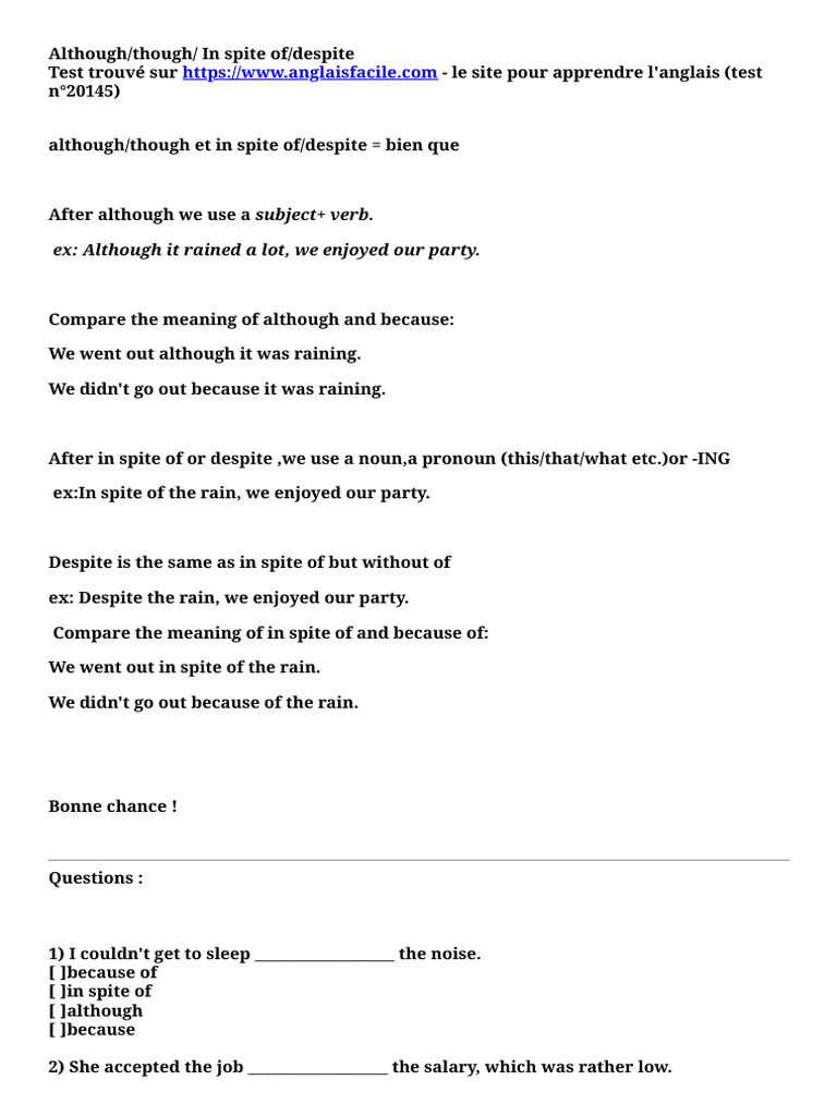Understanding Although and Despite | PDF