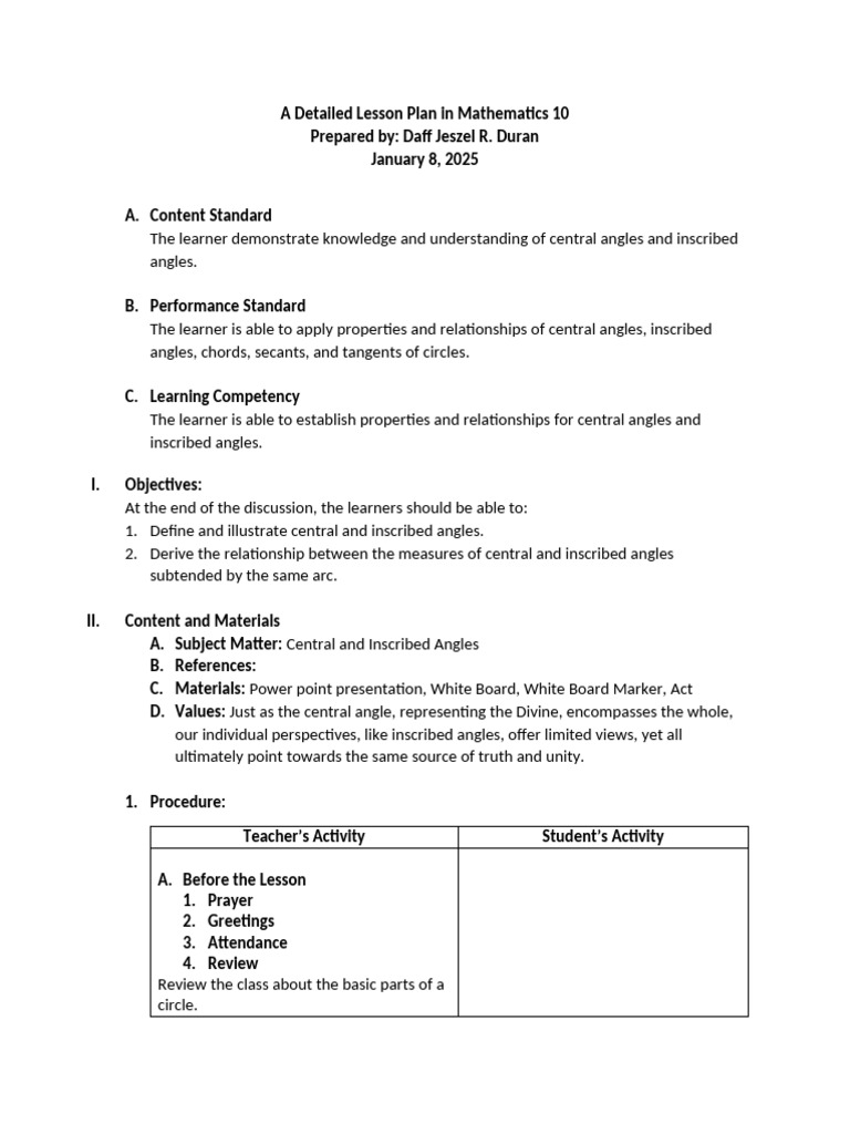 Central and Inscribed Angles Lesson Plan | PDF | Circle | Angle