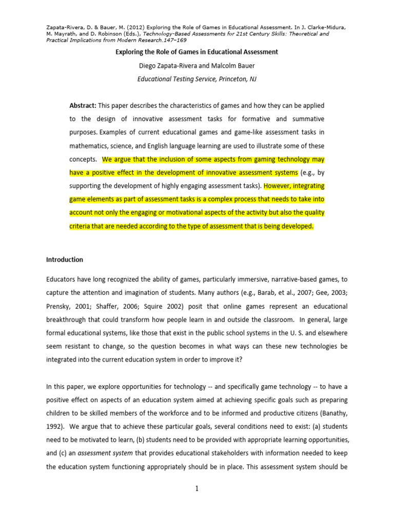Exploring The Role of Games in Education | PDF | Educational Assessment ...