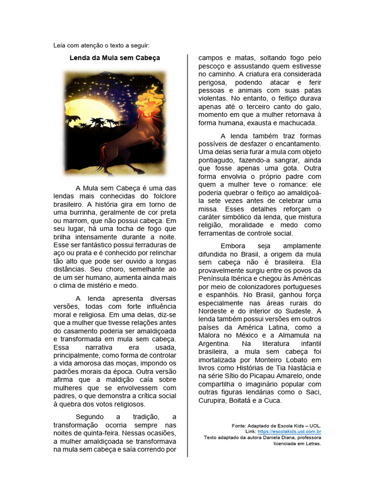Lenda da Mula sem Cabeça: Folclore Brasileiro | PDF | Brasil