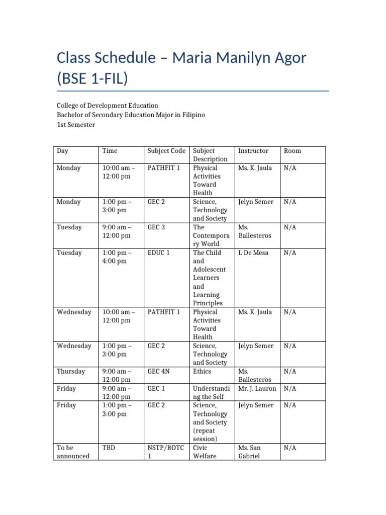 BSE 1-FIL Class Schedule Overview | PDF