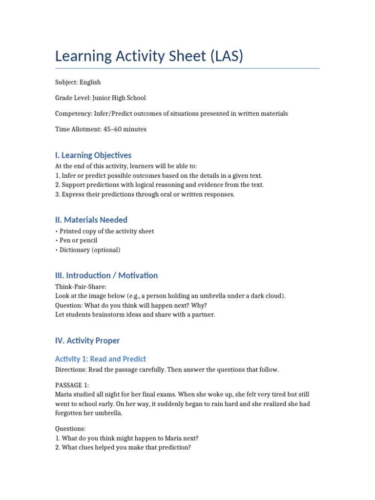 Predicting Outcomes in Texts Activity | PDF | Inference | Cognition