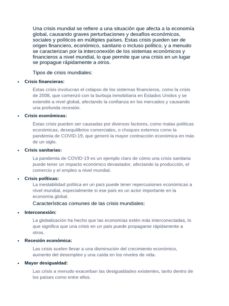 Tipos y efectos de crisis mundiales | PDF | Globalización | Gran Recesión