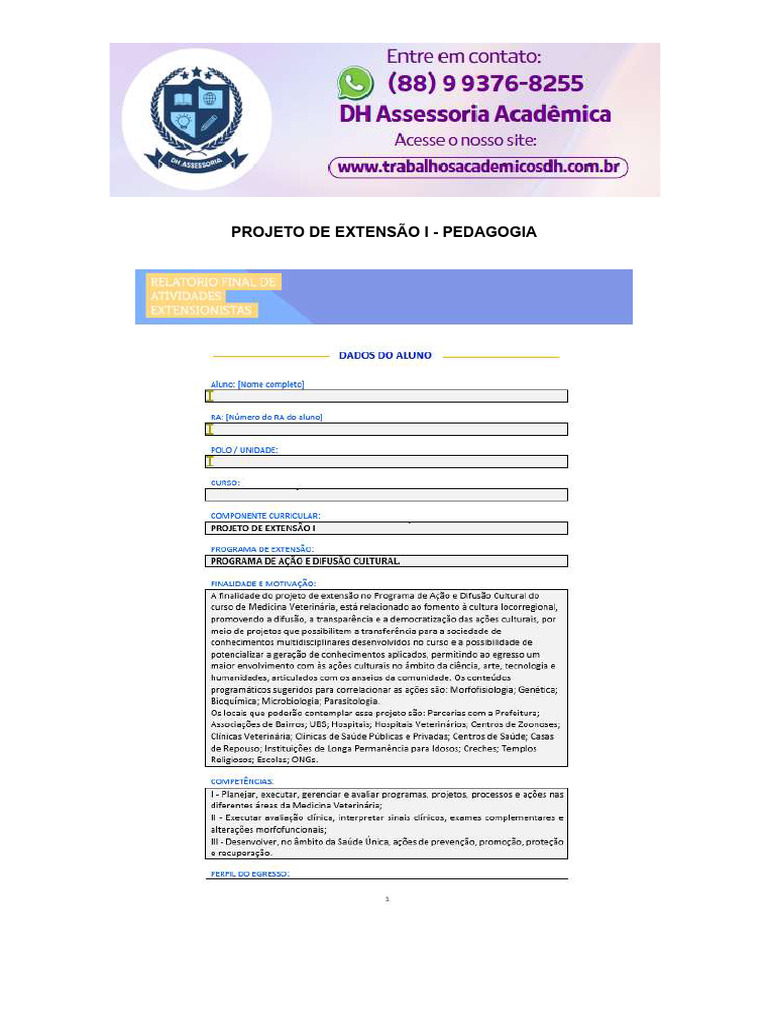 Projeto de Extensão I - Pedagogia | PDF