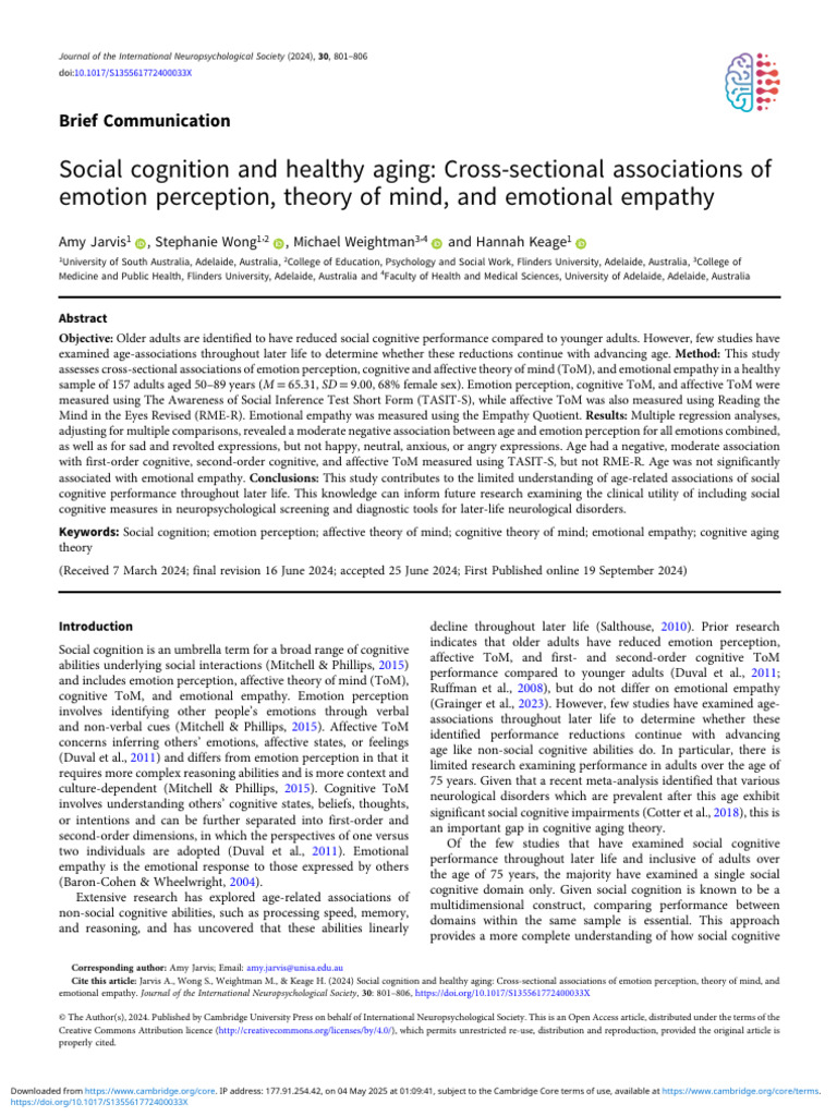 Social Cognition and Healthy Aging Cross Sectional Associations of ...
