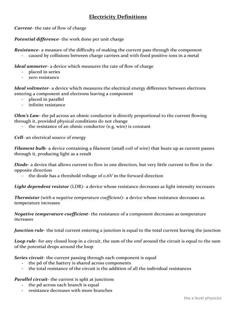 Key Electricity Definitions for Physics | PDF | Electric Current ...