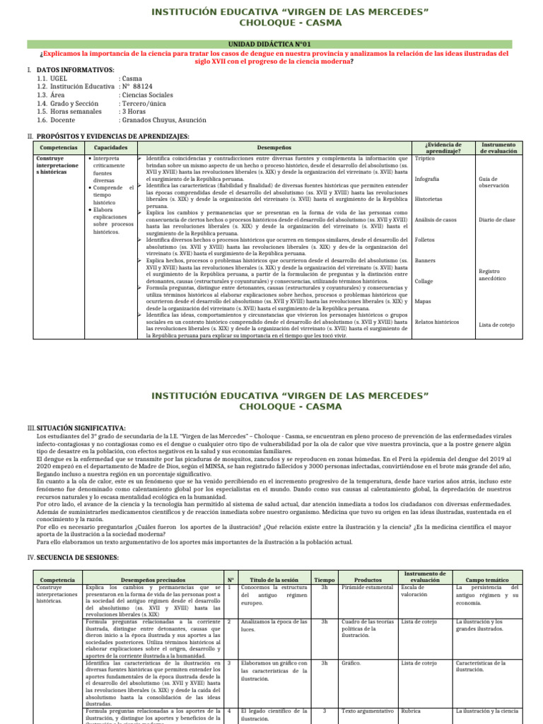 Unidad de Aprendizaje N°01 Tercer Grado CCSS | PDF | Era de iluminacion ...