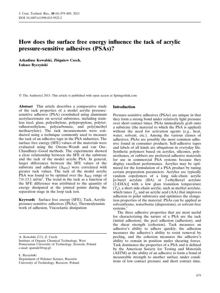 Surface Free Energy's Impact on PSA Tack | PDF | Adhesion | Adhesive