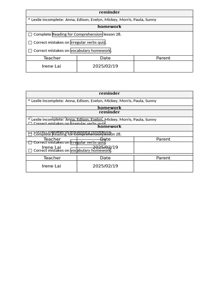 Homework Reminder for Students | PDF