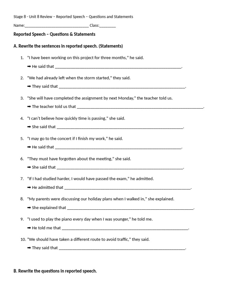 Unit 8 Review - Reported Speech - Questions and Statements | PDF ...
