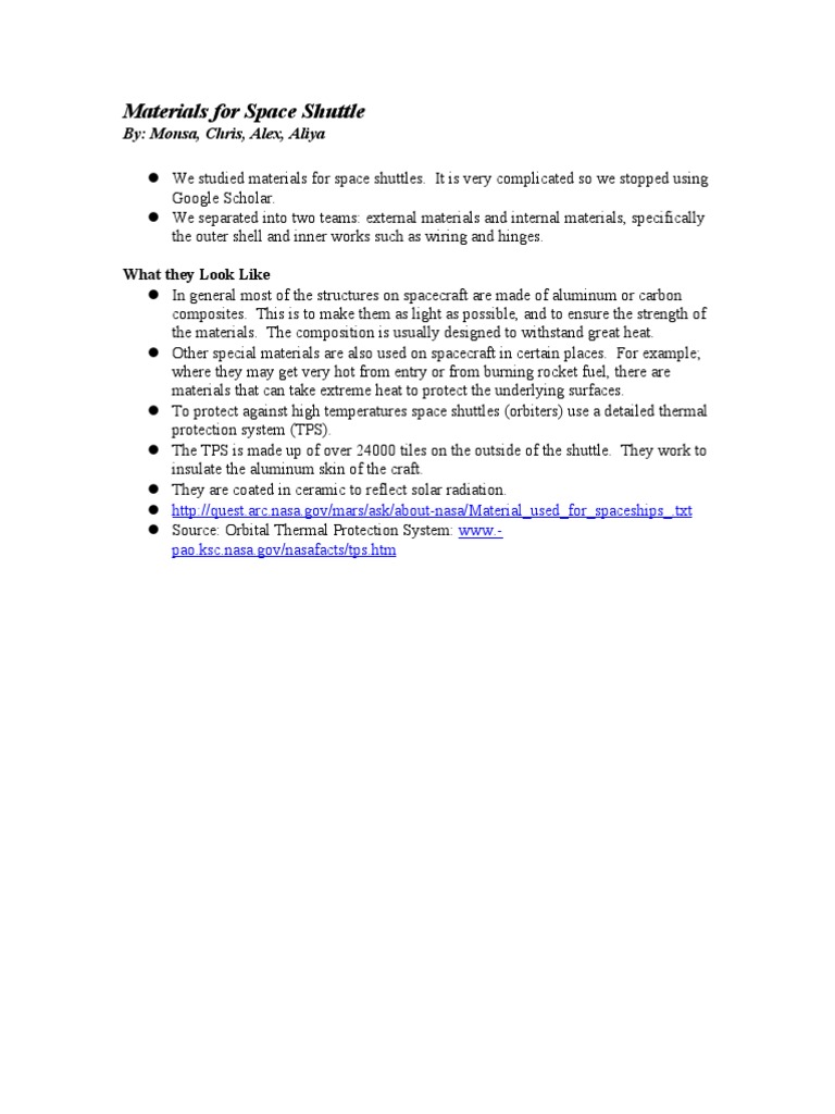 Space Shuttle Material Composition | PDF | Space Shuttle Thermal ...
