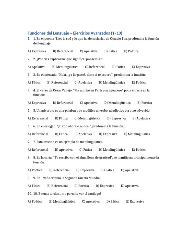 Ejercicios de Funciones del Lenguaje | PDF | Poesía | Adverbio