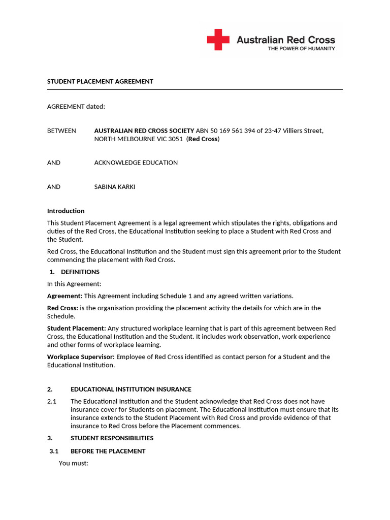 Student Placement Agreement with Red Cross | PDF | Intellectual ...